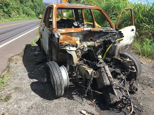 A truck that has been burned down on the side of the road.