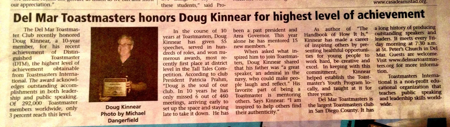 A newspaper article about the past president of toastmasters.