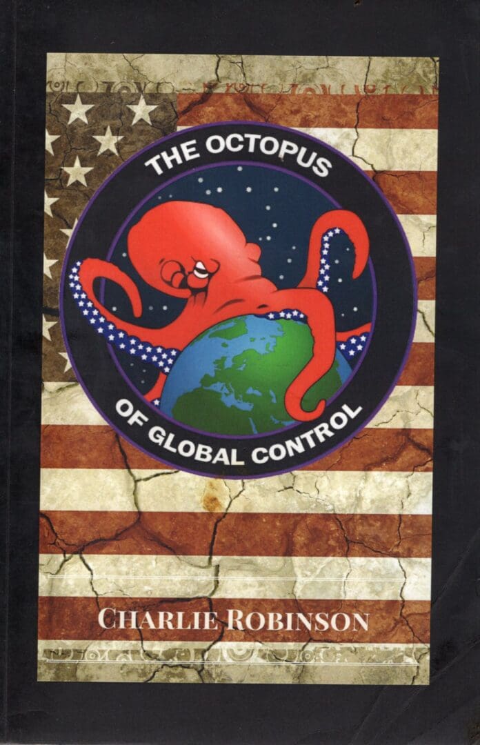 A red octopus is on the cover of an american flag.