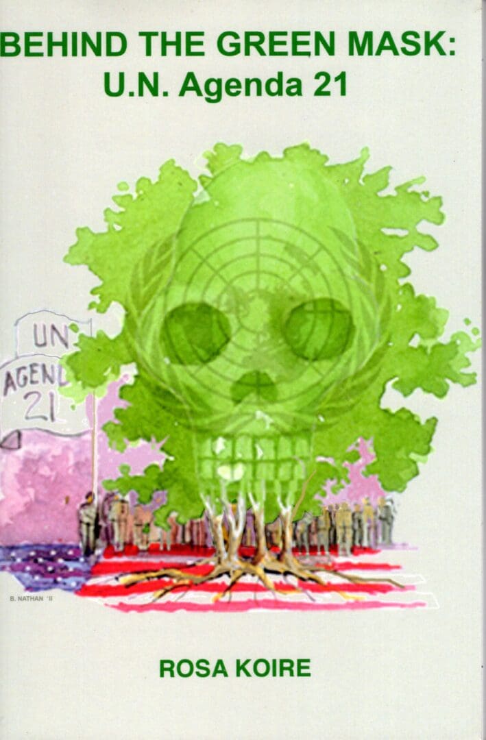 A green skull with trees and people around it.